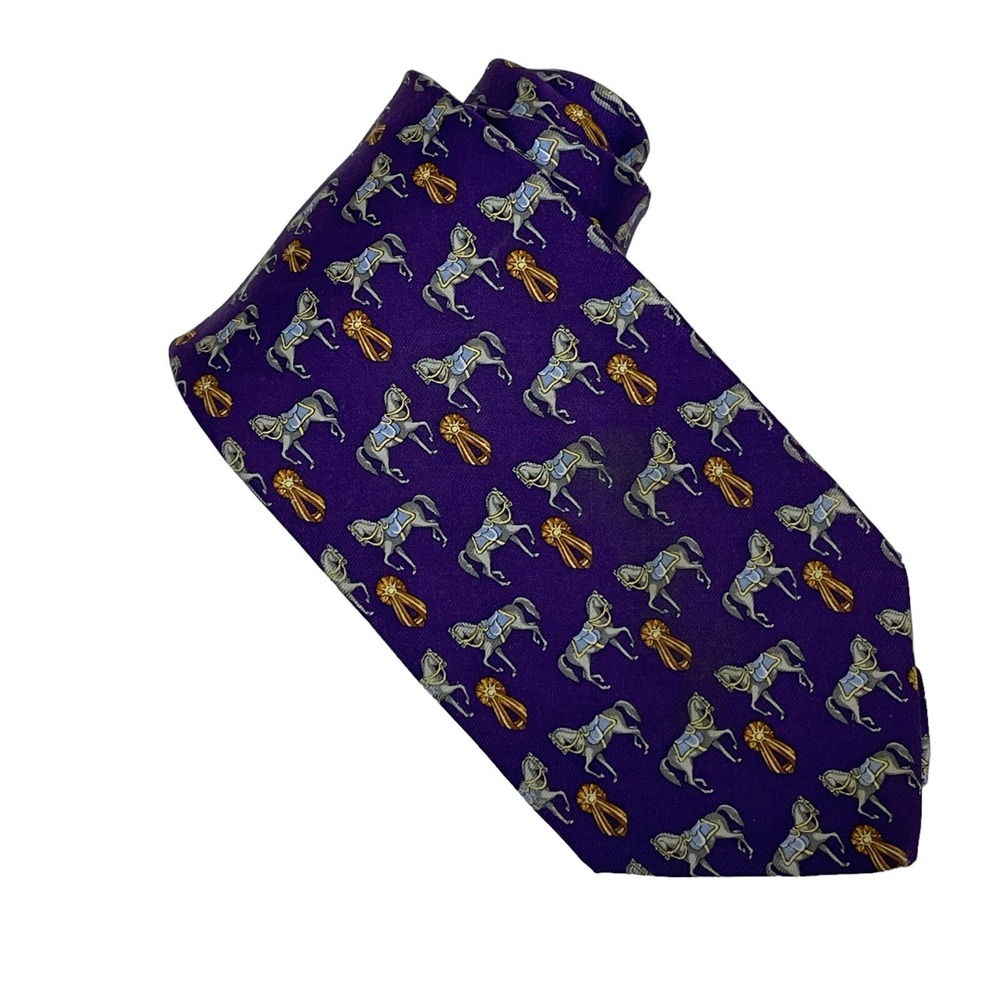 Brooks Brothers Makers Necktie Slik Novelty Prize Horse Purple Gray Yellow‎